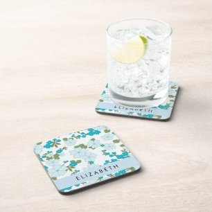 Blue Flowers, Pattern Of Flowers, Your Name Coaster