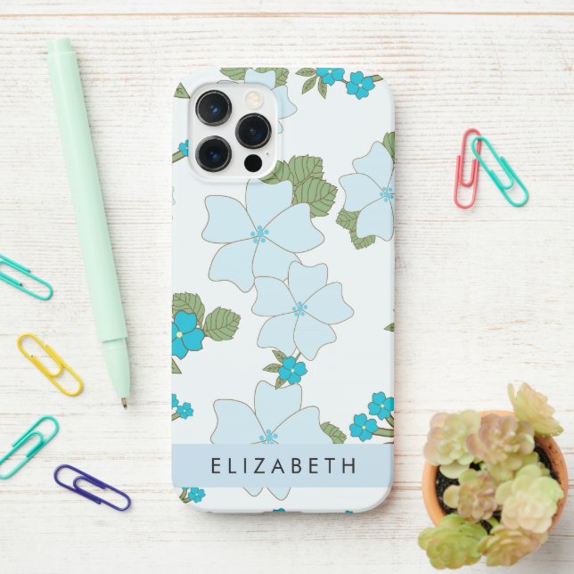 Blue Flowers, Pattern Of Flowers, Your Name iPhone Case (On Desk)