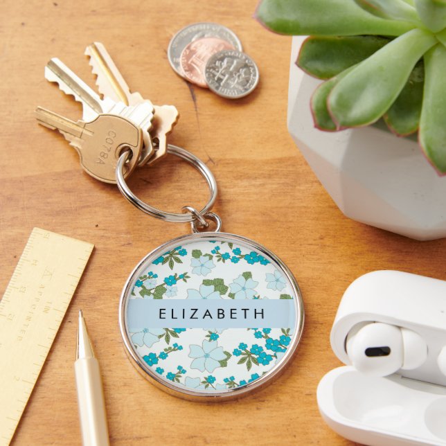 Blue Flowers, Pattern Of Flowers, Your Name Key Ring (Desk)