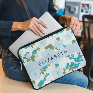 Blue Flowers, Pattern Of Flowers, Your Name Laptop Sleeve
