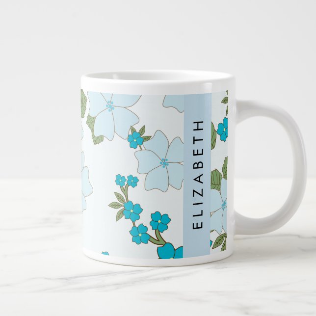 Blue Flowers, Pattern Of Flowers, Your Name Large Coffee Mug (Right)