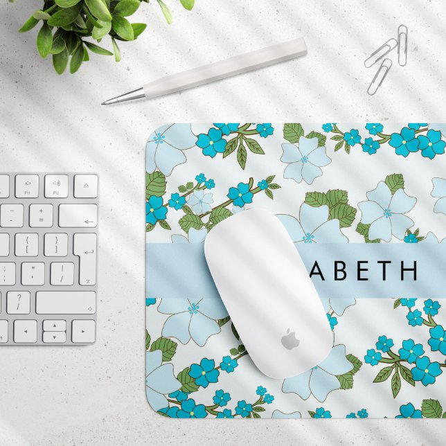 Blue Flowers, Pattern Of Flowers, Your Name Mouse Mat (Creator Uploaded)