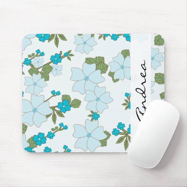 Blue Flowers, Pattern Of Flowers, Your Name Mouse Mat (With Mouse)