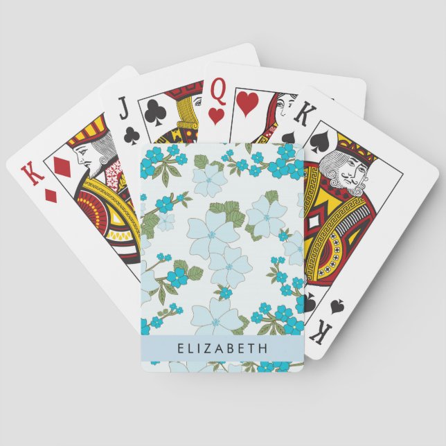 Blue Flowers, Pattern Of Flowers, Your Name Playing Cards (Back)
