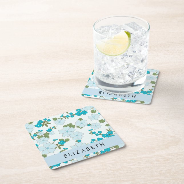 Blue Flowers, Pattern Of Flowers, Your Name Square Paper Coaster (Insitu)
