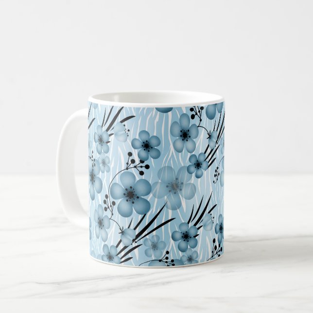 Blue flowers pattern on tiger background coffee mug (Front Left)