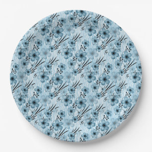 Blue flowers pattern on tiger background paper plate