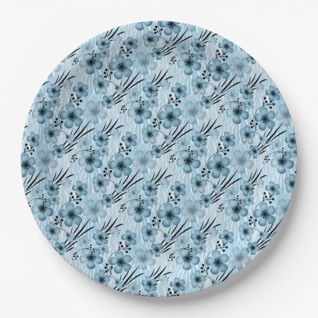 Blue flowers pattern on tiger background paper plate (Front)