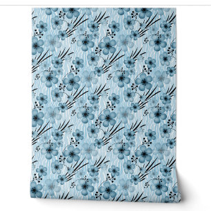 Blue flowers pattern on tiger background wallpaper