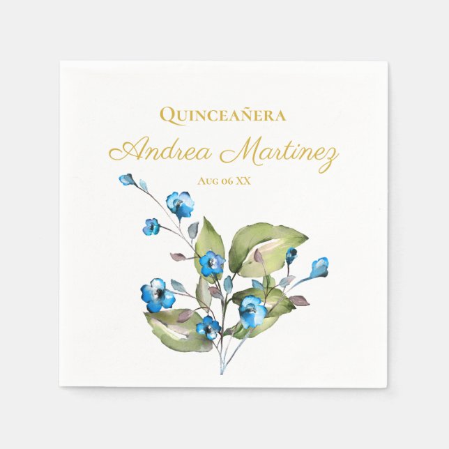 Blue Flowers Personalised Quinceañera Napkin (Front)