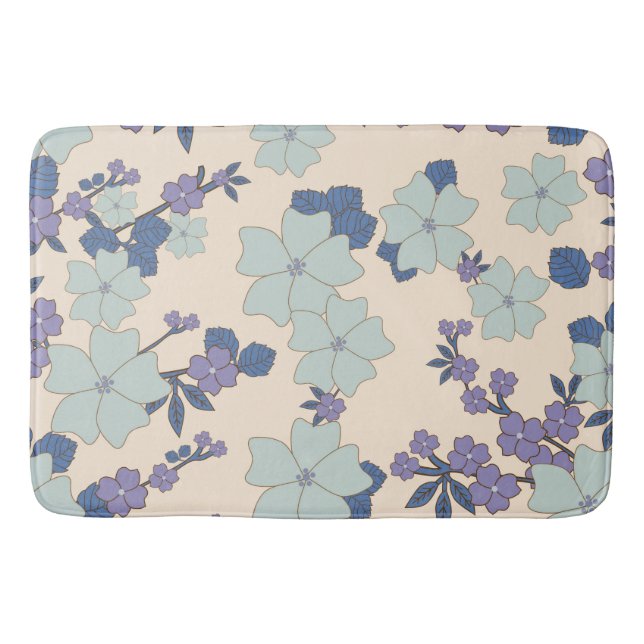 Blue Flowers, Purple Flowers, Floral Pattern Bath Mat (Front)
