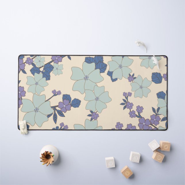 Blue Flowers, Purple Flowers, Floral Pattern Desk Mat (Kids Table)
