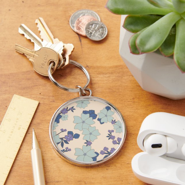 Blue Flowers, Purple Flowers, Floral Pattern Key Ring (Desk)