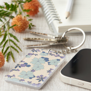 Blue Flowers, Purple Flowers, Floral Pattern Key Ring