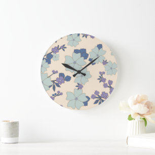 Blue Flowers, Purple Flowers, Floral Pattern Large Clock