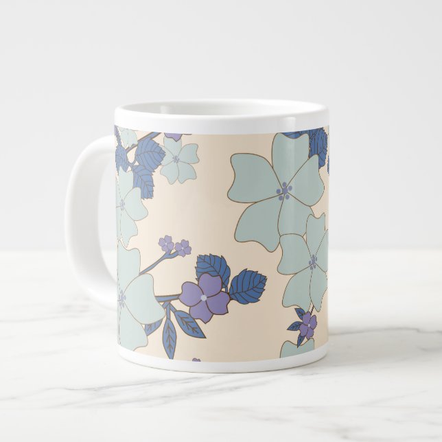 Blue Flowers, Purple Flowers, Floral Pattern Large Coffee Mug (Front Left)