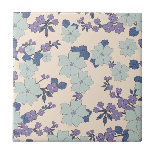 Blue Flowers, Purple Flowers, Floral Pattern Tile (Front)