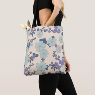 Blue Flowers, Purple Flowers, Floral Pattern Tote Bag
