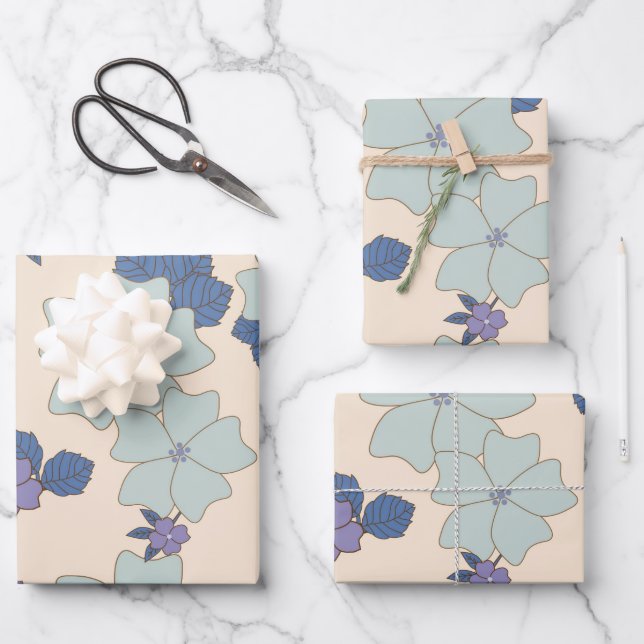 Blue Flowers, Purple Flowers, Floral Pattern Wrapping Paper Sheet (Front)