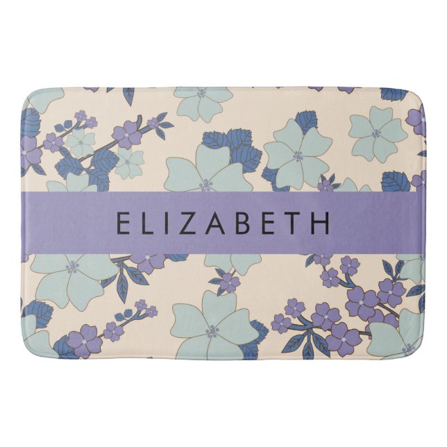 Blue Flowers, Purple Flowers, Floral, Your Name Bath Mat (Front)