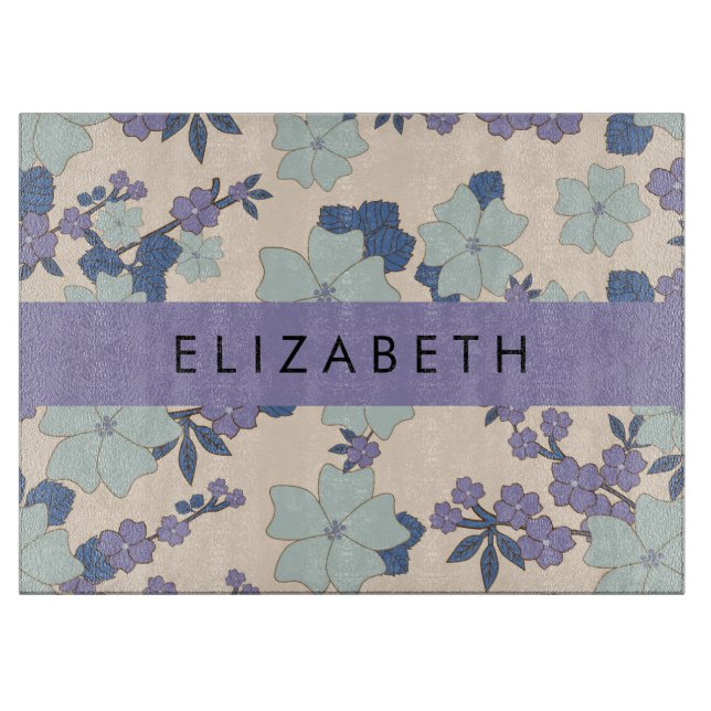 Blue Flowers, Purple Flowers, Floral, Your Name Cutting Board (Front)