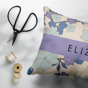 Blue Flowers, Purple Flowers, Floral, Your Name Decorative Cushion