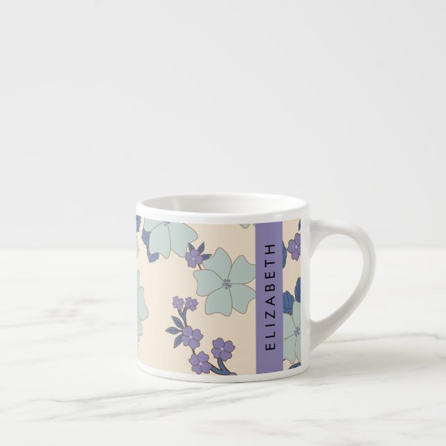 Blue Flowers, Purple Flowers, Floral, Your Name Espresso Cup (Right)