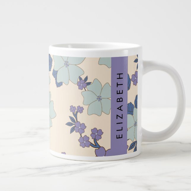 Blue Flowers, Purple Flowers, Floral, Your Name Large Coffee Mug (Right)