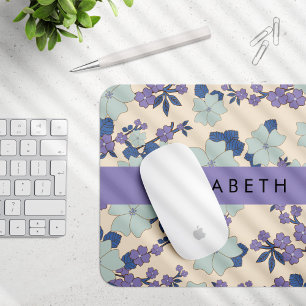 Blue Flowers, Purple Flowers, Floral, Your Name Mouse Mat