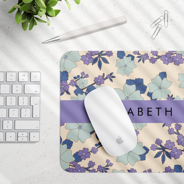 Blue Flowers, Purple Flowers, Floral, Your Name Mouse Mat (Creator Uploaded)
