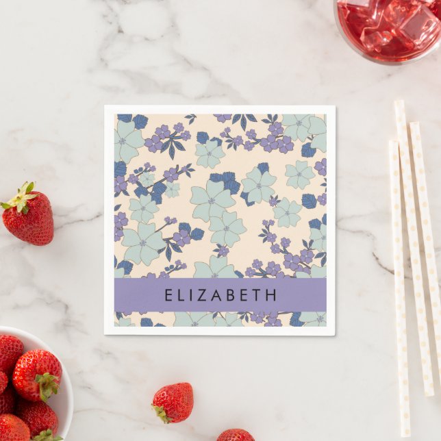 Blue Flowers, Purple Flowers, Floral, Your Name Napkin (Insitu)