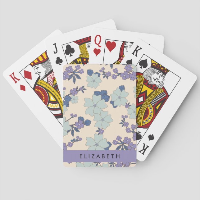 Blue Flowers, Purple Flowers, Floral, Your Name Playing Cards (Back)
