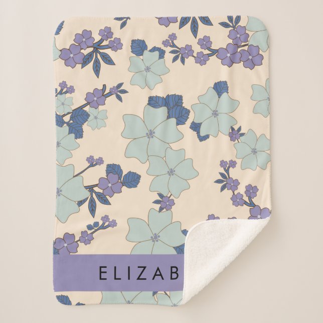 Blue Flowers, Purple Flowers, Floral, Your Name Sherpa Blanket (Front)