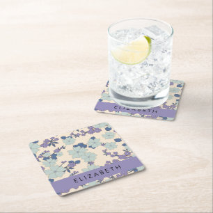 Blue Flowers, Purple Flowers, Floral, Your Name Square Paper Coaster