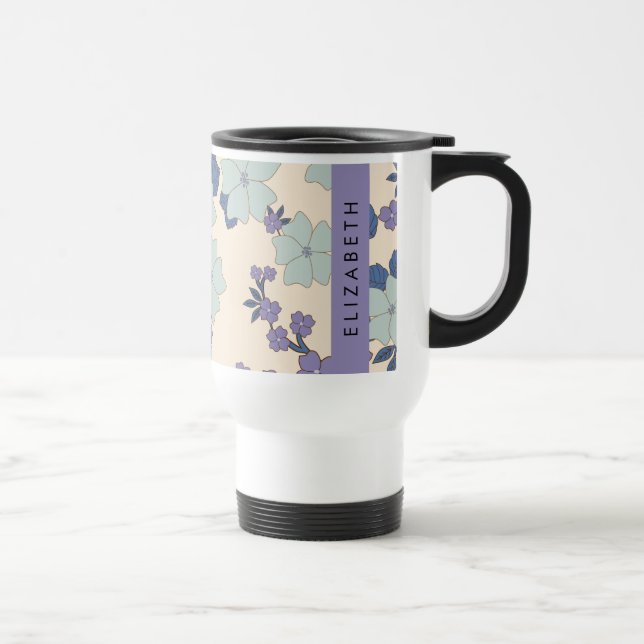 Blue Flowers, Purple Flowers, Floral, Your Name Travel Mug (Right)
