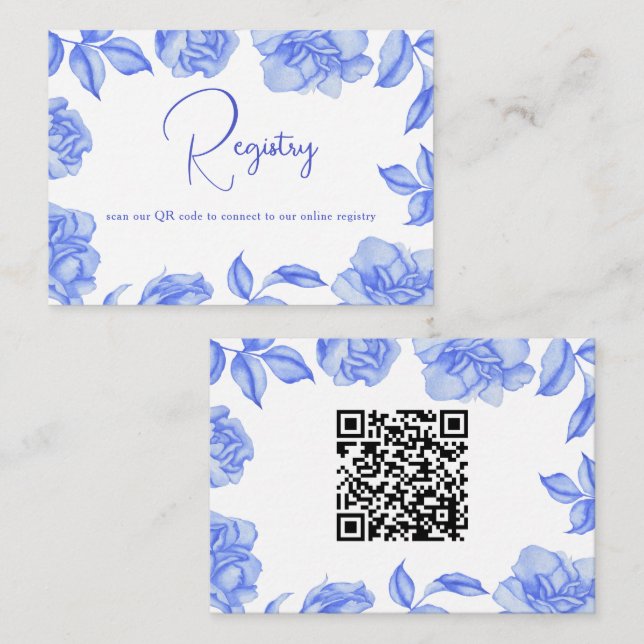 Blue Flowers - QR Code Bridal Shower Registry  Enclosure Card (Front/Back)