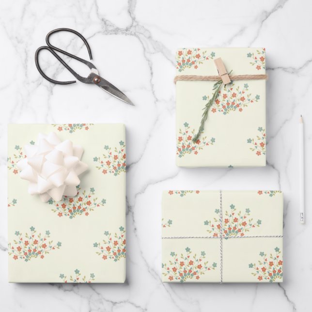 Blue Flowers, Red Flowers, Pattern Of Flowers Wrapping Paper Sheet (Front)