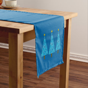 Blue Flowers Retro Modern Christmas Tree Short Table Runner
