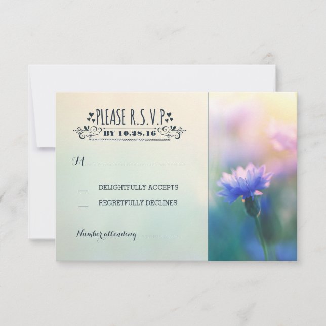 blue flowers romantic rustic wedding RSVP Card (Front)