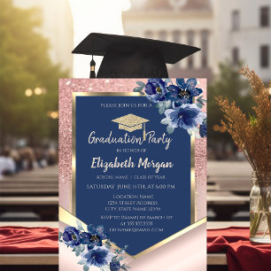 Blue Flowers Rose Gold Glitter Graduation Invitation