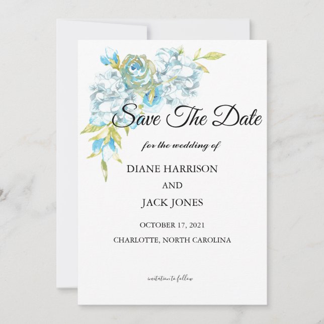Blue Flowers Save The Date Wedding Invitation (Front)