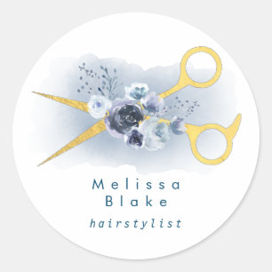 blue flowers scissors classic round sticker