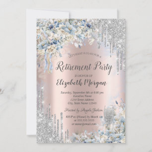 Blue Flowers Silver Glitter Drips Retirement Invitation