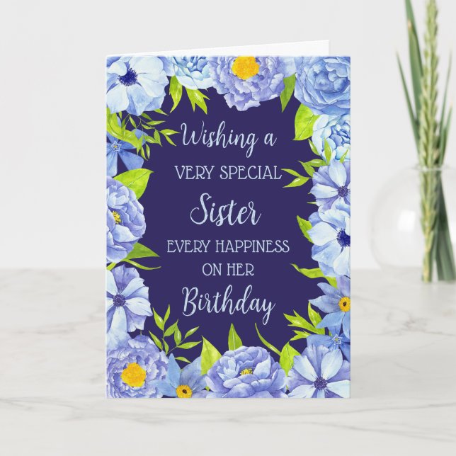 Blue Flowers Sister Birthday Card (Front)