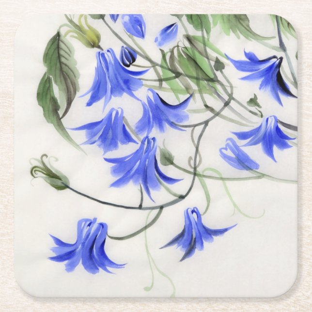 Blue Flowers Square Paper Coaster (Front)