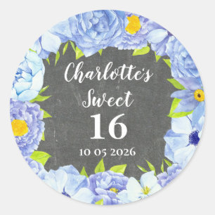 Blue Flowers Sweet 16 Birthday Favour Tag