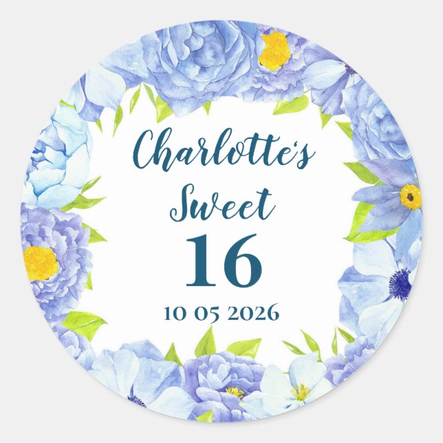 Blue Flowers Sweet 16 Birthday Favour Tag (Front)
