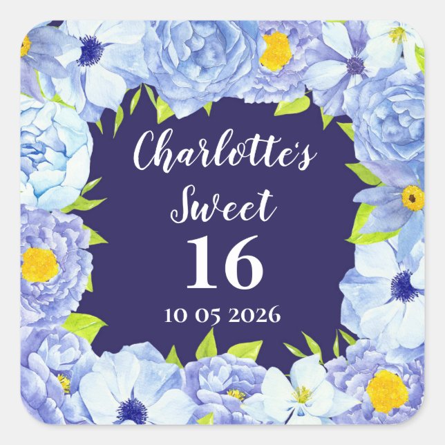 Blue Flowers Sweet 16 Birthday Favour Tag (Front)