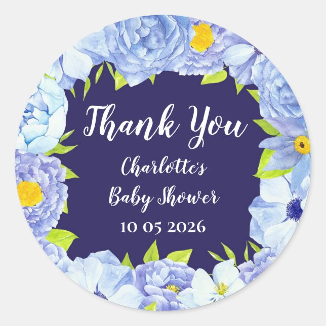 Blue Flowers Thank You Baby Shower Favour Tag (Front)
