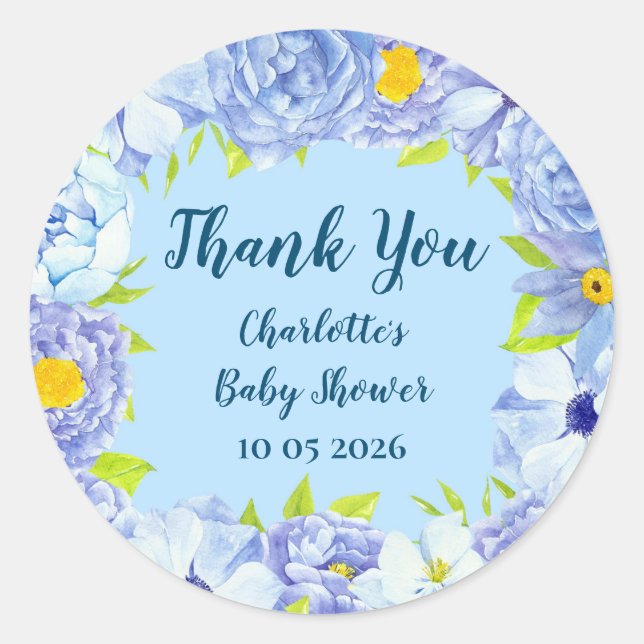 Blue Flowers Thank You Baby Shower Favour Tag (Front)